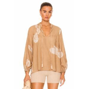 Natalie Martin Lizzy Long Sleeve Cotton Blouse in Tan Batik Print Size S